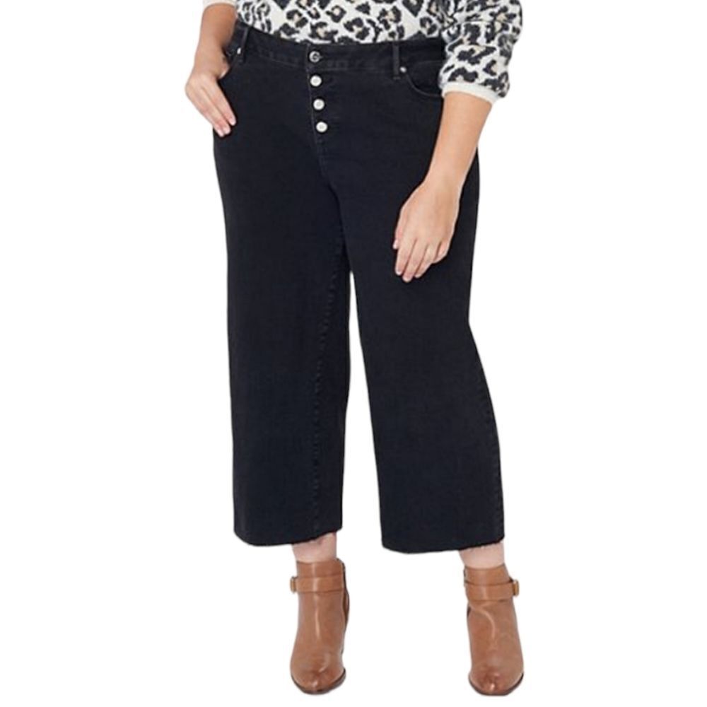 LOFT Plus washed plus high waist wide leg crop‎ button fly raw hem jeans 16